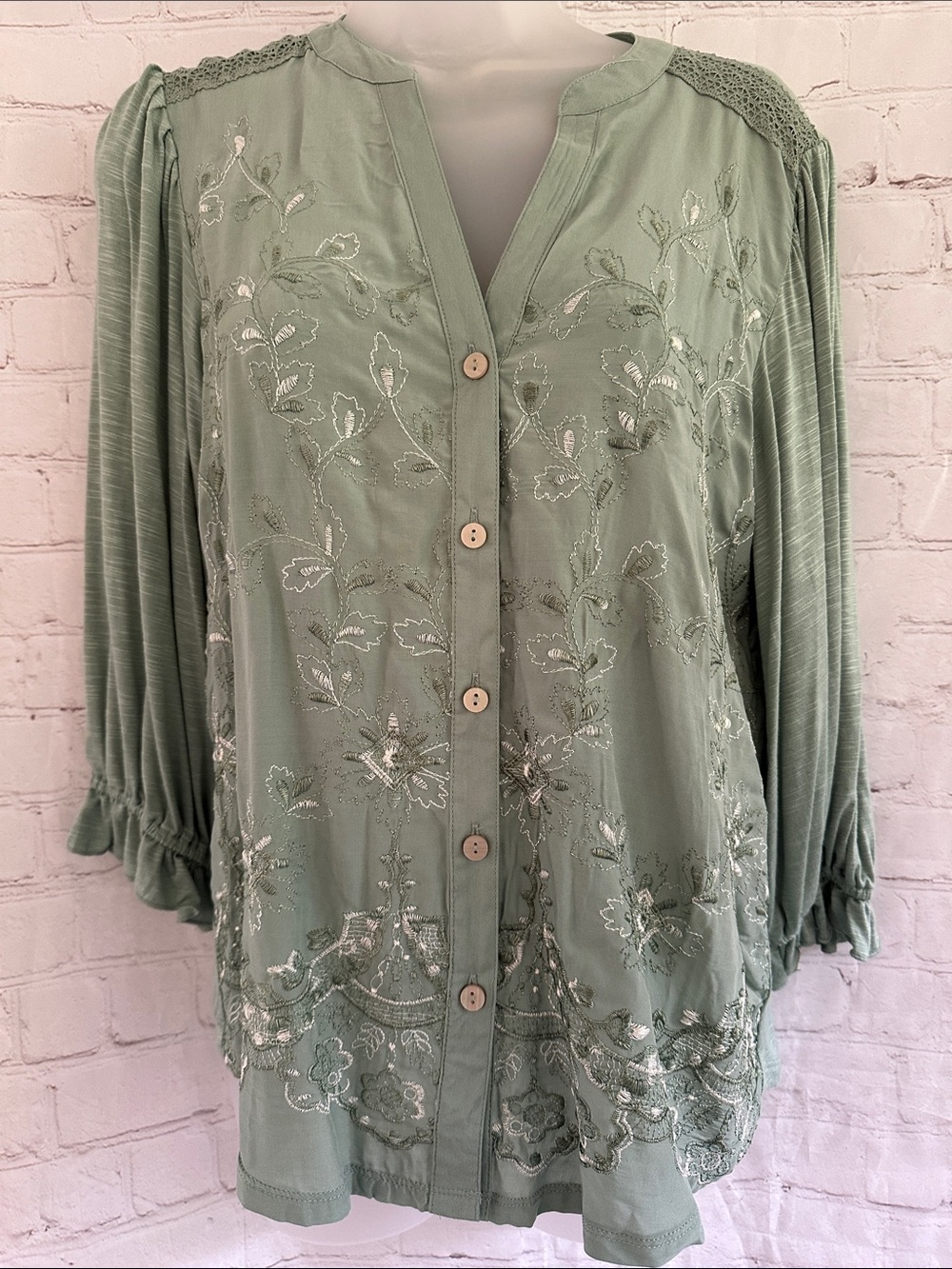 Democracy NWT Sage Green Embroidered Button-Front Top size S